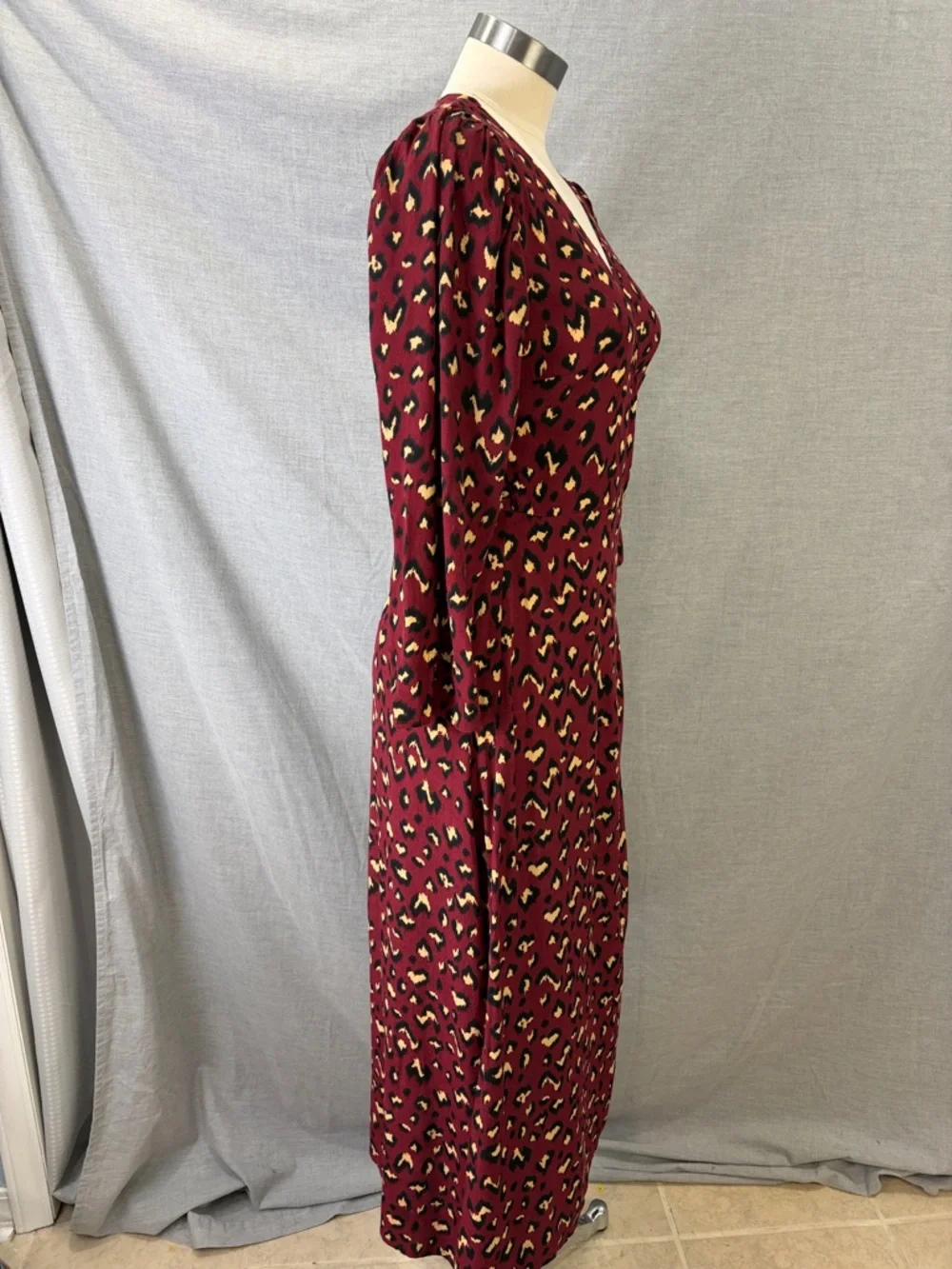 Cleobella Burgundy Leopard Print Wrap‎ Midi Dress 3/4 Sleeve Boho M